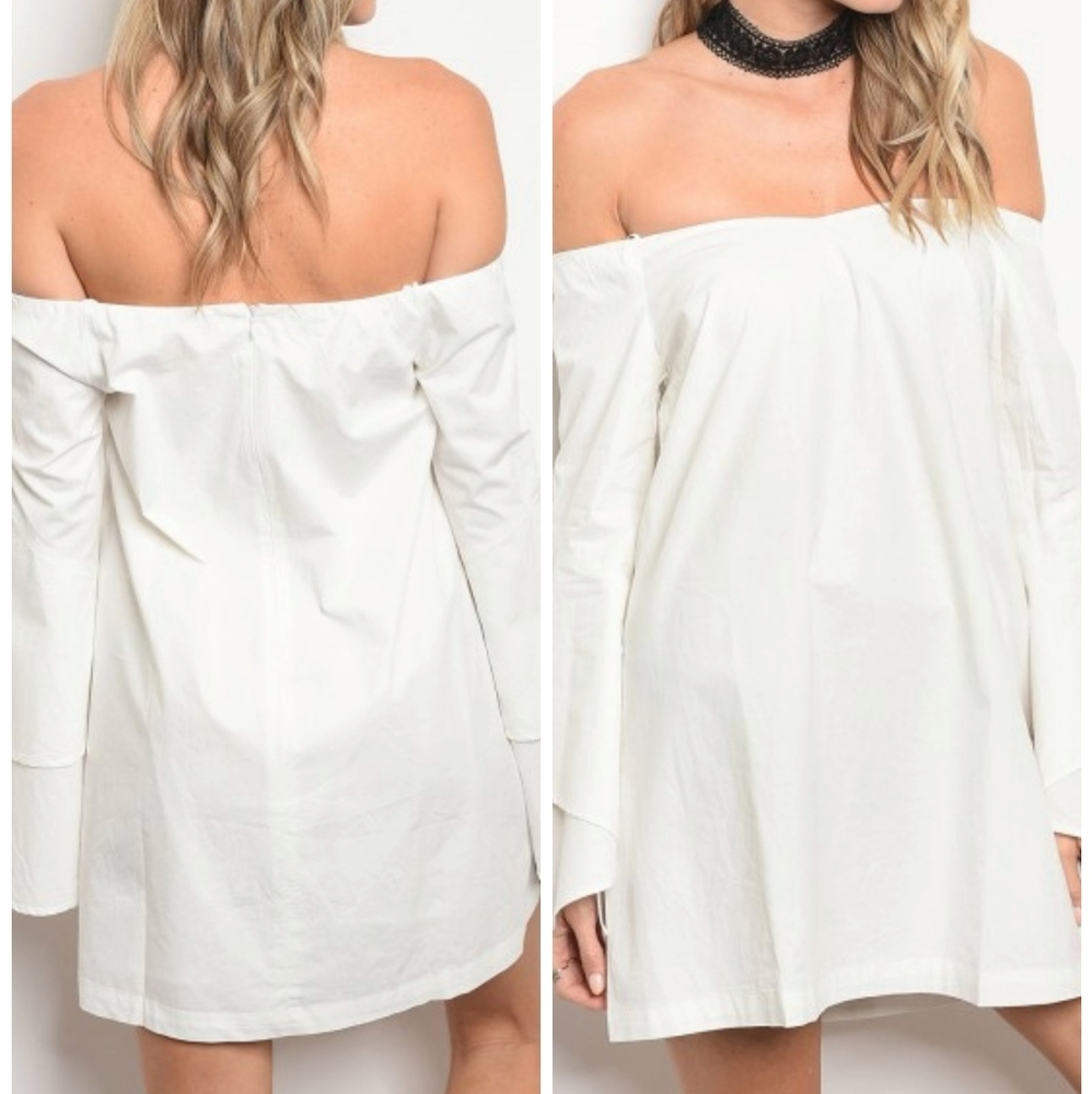 RE:NAMED WHITE LONG SLEEVE TUNIC SKATER OFF SHOULDER DRESS